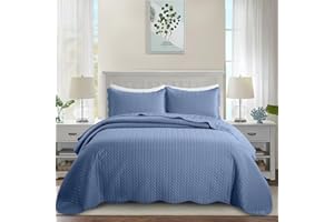 MOONLIGHT20015 Bedspreads Quilts Queen Size Bedding Set (90" x 96") - 2 Pillow Shams (20" x 26"+ 2") - Lightweight All Season Reversible 3 Pcs Microfiber Coverlet Embossed Quilt (Washed Blue)