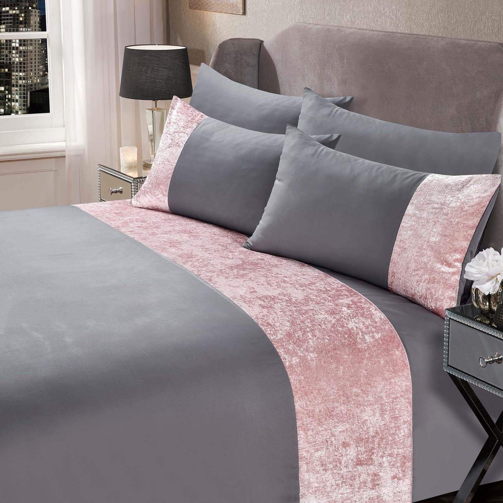 Sienna Double Duvet Set, Super Soft Warm Cosy Luxurious Blush Pink Crushed Velvet Band Design Double Quilt Cover Set Stylish Sliver Grey Bedding With Pillowcases