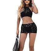 GPINE Women Sexy Lace Mesh Cami Top Blouse and Mini Skirt Set Two Piece Outfit for Party Nightclub Beach