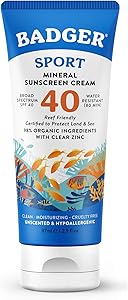 Badger Sport Mineral Sunscreen, Reef Safe, SPF 40, 98% Organic with Zinc Oxide, Water Resistant, Hawaii Reef Act 104 Complian
