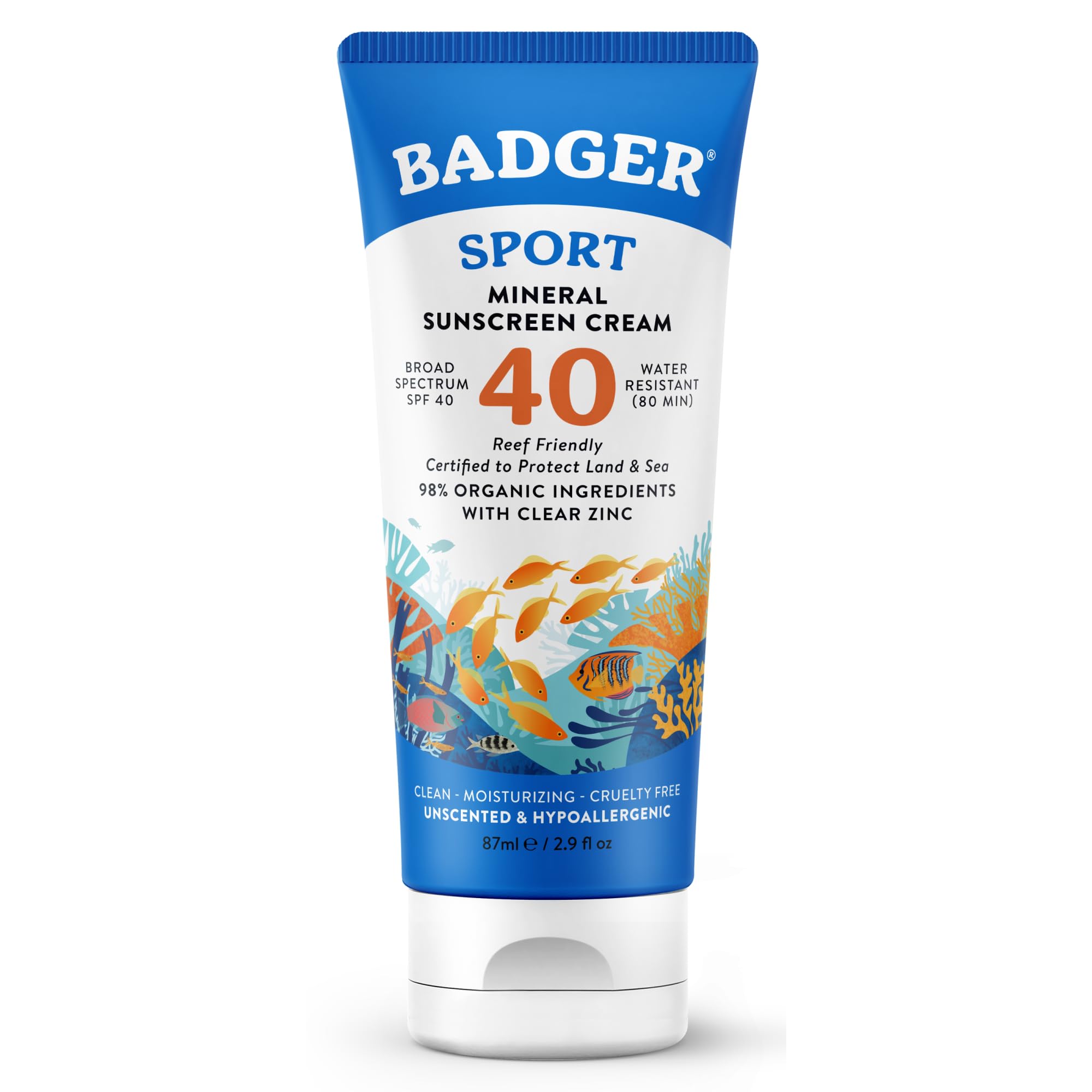 Badger Company, Clear Zinc Sunscreen Cream, SPF40, Unscented, 2.9 fl oz (87 ml)