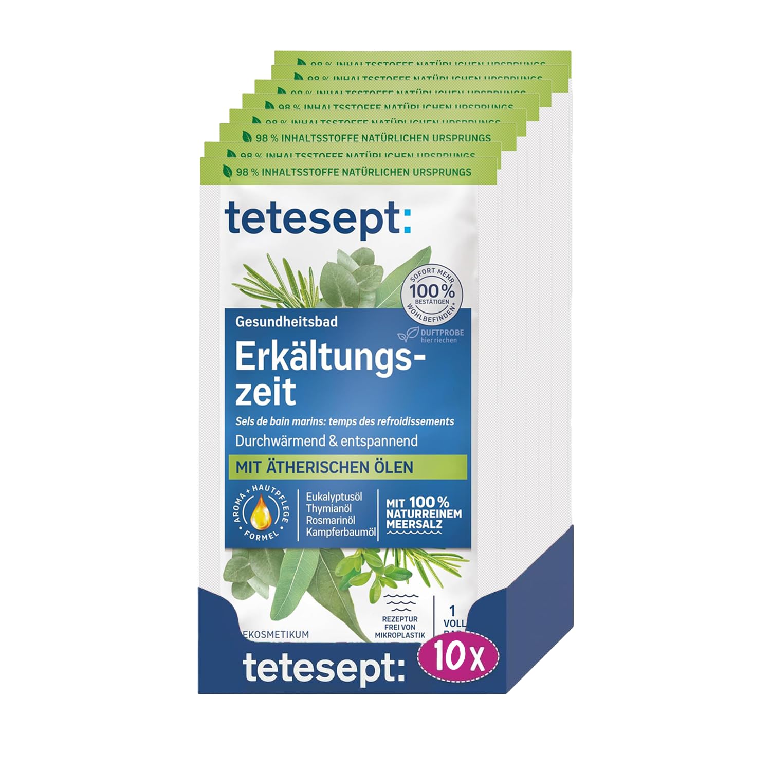 tetesept Sea Salt Bath Additive Cold - Bath Salt with Essential Oils for Cold Discomfort - Respiratory Tract & Promote Wellbeing - Pack of 10 x 80 g