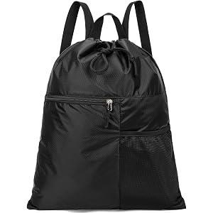 Veious Drawstring Backpack Bag, Lightweight Sport Gym Sackpack, Black | Small Gym Bag with Mesh Pocket, Swim Beach String Cin