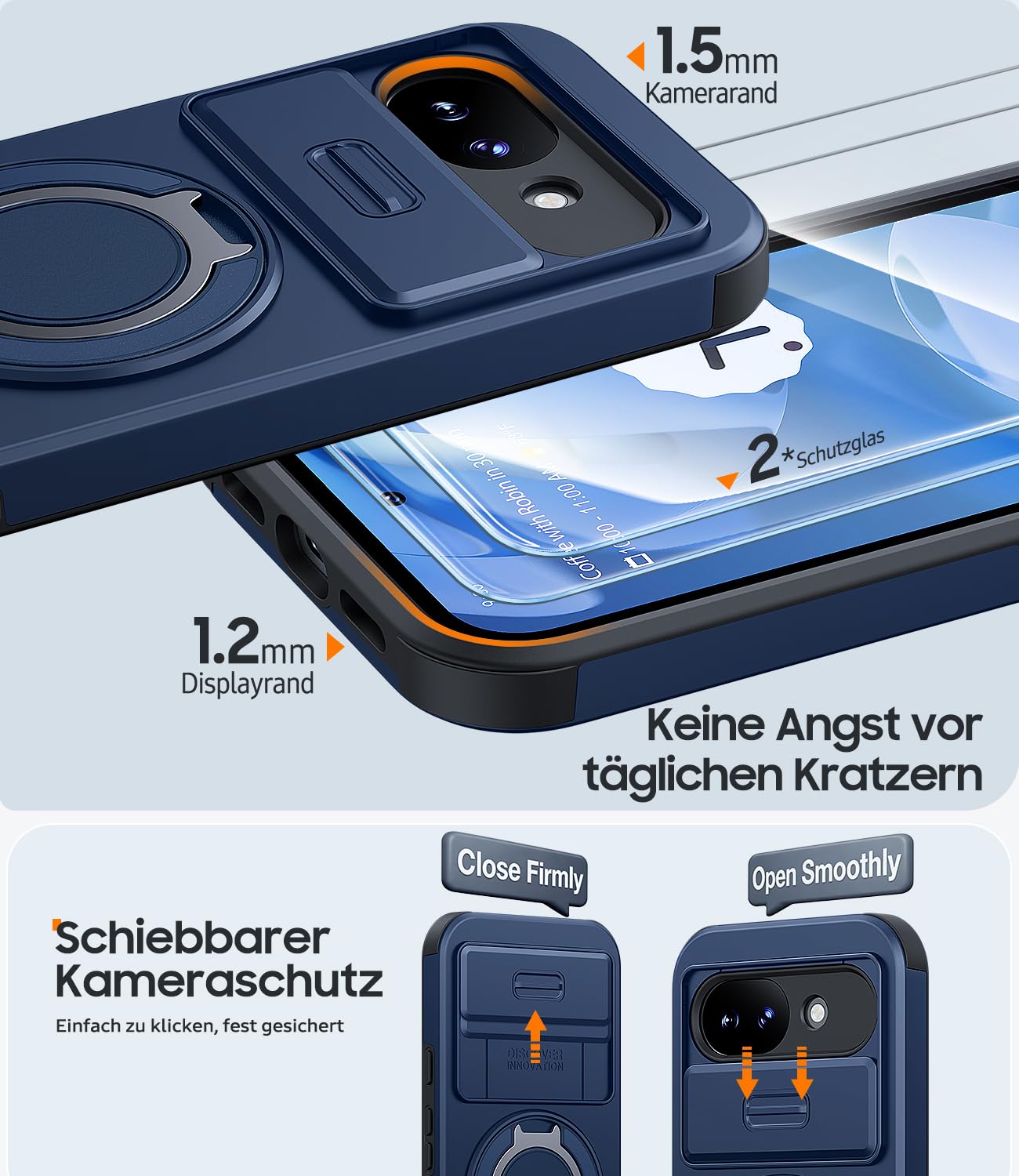 AOUIA für Google Pixel 10A Hülle mit 2X Panzerglas, Kameraschutz, 360° Ringständer, Unterstützt kabelloses Laden, Stoßfest nach Militärstandard Handyhülle für Pixel 10A, Blau 2