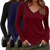 Sweetyweee 3 Pack Women's Long Sleeve Shirts Cotton V Neck Casual Tops Roll Hem Lightweight Basic Tee Soft 2026 Trendy Outfit
