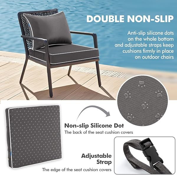 MIULEE DARK GREY OUTDOOR SEAT CUSHION 22X22 INCH WATERPROOF & 3 YEAR FADE RESISTANT DEEP SEAT AND BACK CUSHION FOR PATIO FURNITURE CHAIR SOFA COUCH WITH HANDLE AND ADJUSTABLE STRAPS