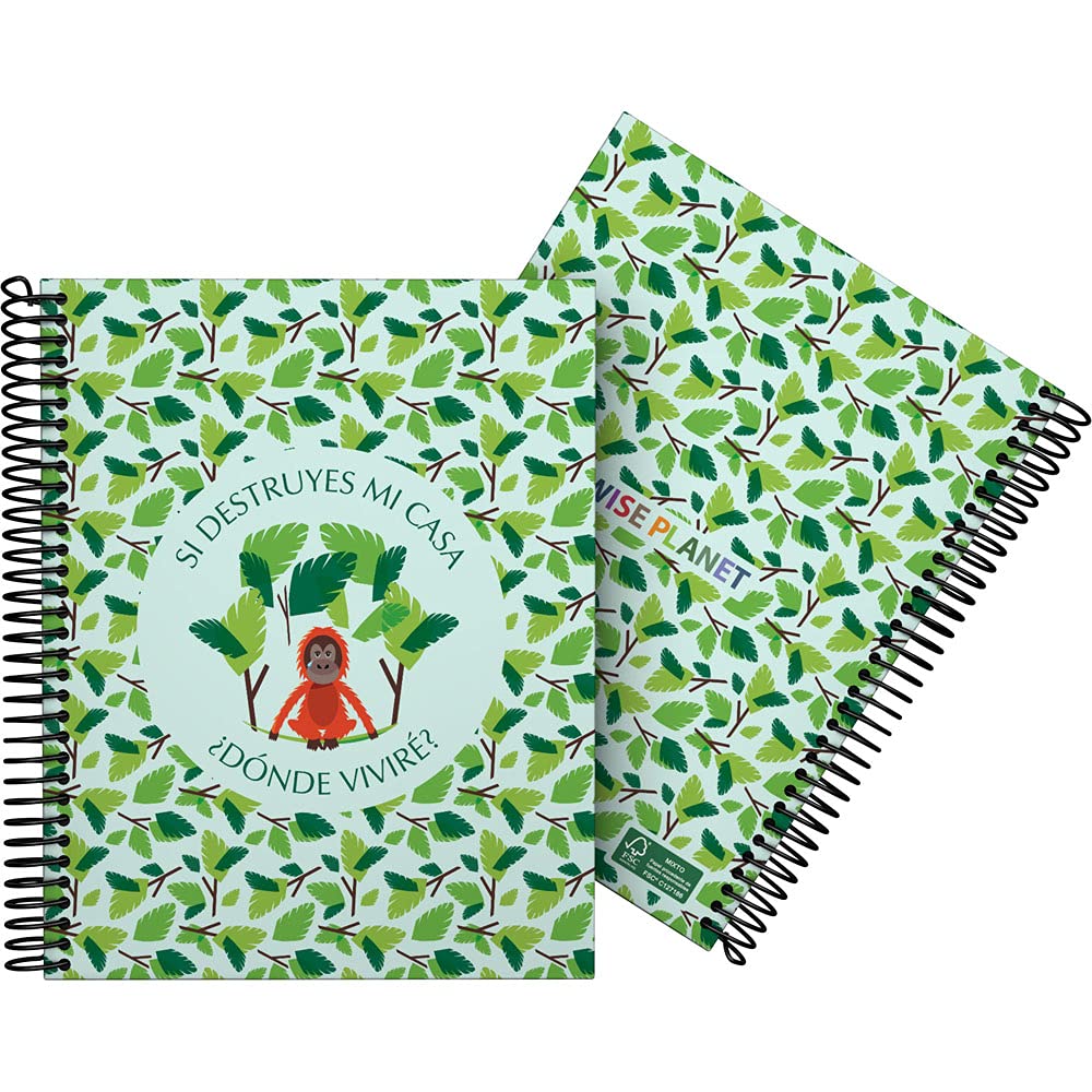Grafoplás 16512630 A5 Notebook, Spiral, Hard Cover, Lined Cardboard, 5x5, FSC Certified, Wise Planet Collection, Monkey