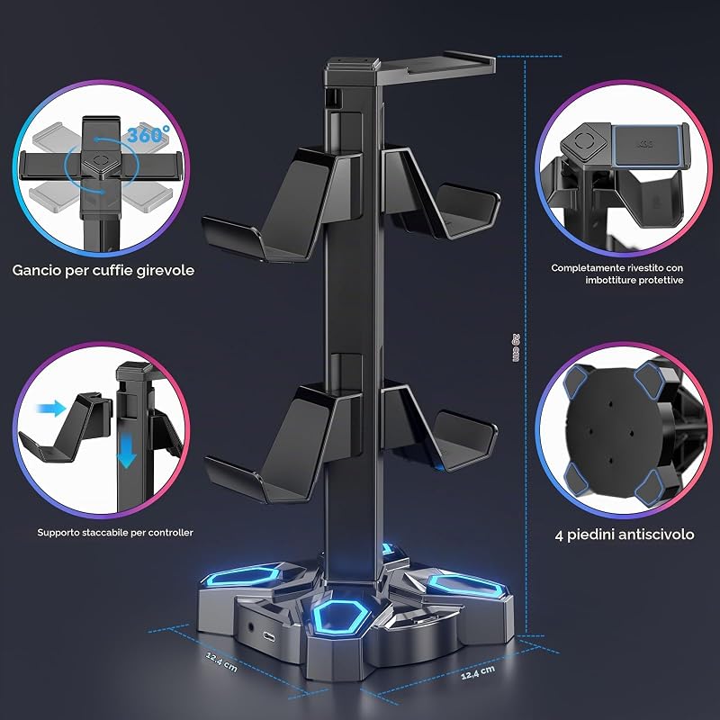 Porta Cuffie da Scrivania, Supporto cuffie Ruotabile con 9 Modalità di Illuminazione - Porta Controller con 2 porte di Ricarica USB e Porta da 3,5 mm e di tipo per Gaming Accessori
