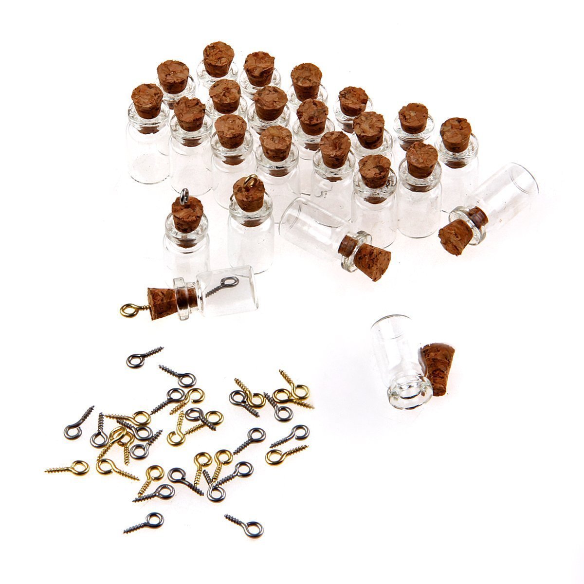 FSSTUD 50 Pcs 0.5ml Mini Glass Bottles with Cork Stoppers Tiny Wishing Bottles Vials Jars with 10 Pcs Eye Screws