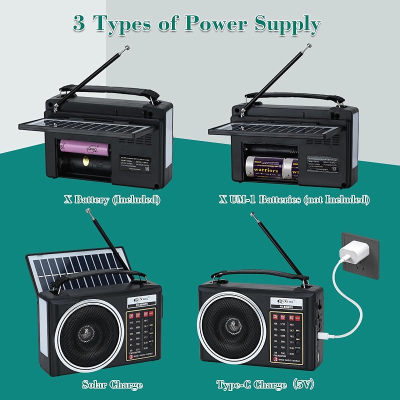 Radio Am/FM/SW Bluetooth Retro portátil y compacta con Panel Solar, iluminación LED portátil, batería Recargable, Reproductor MP3 Compatible con Tarjeta TF/USB (Negro) — foto 5 de 7