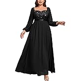 MISSMAY Women's Plus Size Sequin Lace Square V Neck Sheer Long Sleeves Formal Evening Chiffon Long Dress