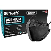[20 Pack] SURESAFE 3D 5-PLY Contoured Fish Shape Mask for Adult, Latex Free Non-Woven Disposable Black Face Mask, Comfortable
