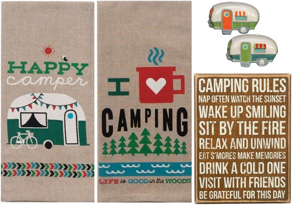 Camper Kitchen Décor Bundle: 2 Kay Dee Camping Towels, 1 Primitives by Kathy Camping Rules Box Sign, 1 Beachcombers RV Camper Salt and Pepper Shaker Set: Home & Kitchen