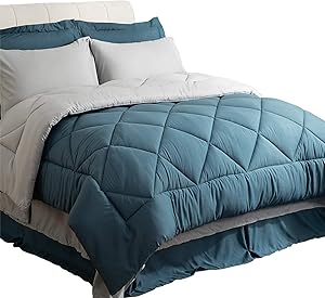 Bedsure Twin Size Bed in A Bag, Blue/Light Grey - Soft Microfiber, Reversible Bed Comforter Set 6 Pieces (1 Comforter, 1 Pillow Sham, 1 Flat Sheet, 1 Fitted Sheet, 1 Bed Skirt, 1 Pillowcase)