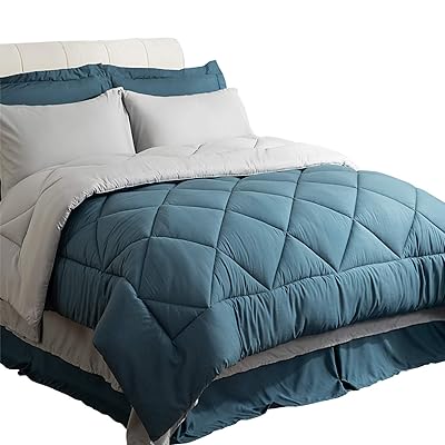 Bedsure Queen Bed in a Bag, Blue/Light Grey Comforter Set, 8 Pcs