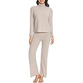 Nutria Women's Pajama Set Long Sleeve High Neck Striped Brushed Fleece Loungewear Soft 2 Piece Outfit Fall Winter D10