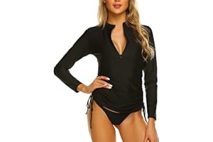 Sheshow Women's Rash Guard Long Sleeve Swim Shirt Sun Protection UV Surf Tops Zipper Adjustable Swimsuits