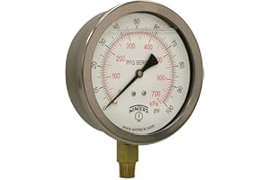Winters PFQ Series Stainless Steel 304 Dual Scale Liquid Filled Pressure Gauge with Brass Internals, 0-100 psi/kpa,4" Dial Di