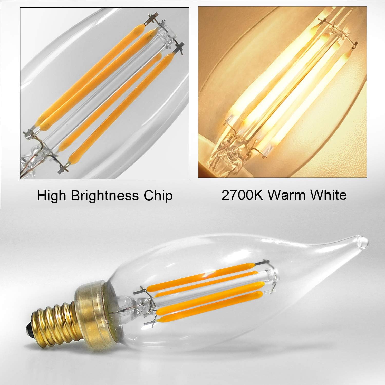 Hizashi 90+ CRI LED Candelabra Bulb Flame Tip 40W Equivalent Dimmable E12 Filament Candle Bulbs 4W, 450 Lumens, 2700K Warm White CA10 LED Chandelier Light Bulbs, UL Listed - 12 Pack - - 