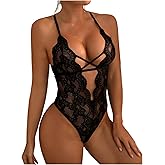SOLY HUX Women's Floral Lace Criss Cross Lingerie Bodysuit Backless Deep V Neck Sheer Teddy Bodysuits