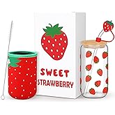 Reallnaive Strawberries Aesthetic Gifts, 16 oz Aesthetic Iced Coffee Cup with Strawberries Straw Stopper and Sleeve Gifts Box for Women Teacher Mom Friend Birthday Christmas