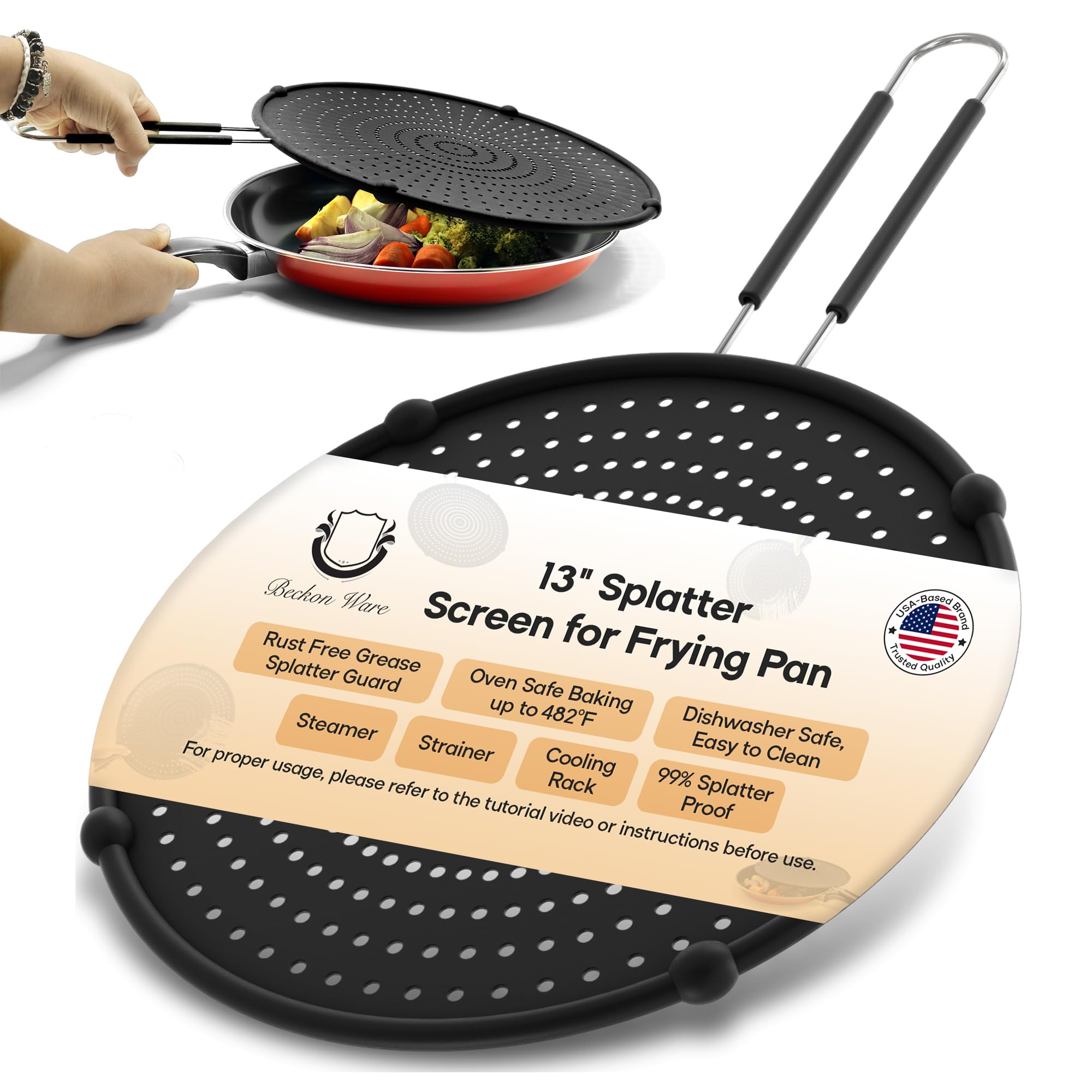 Beckon Ware Oven Safe Silicone Splatter Screen Guard for Frying Pan - 33 cm Multi-Use Large Skillet Lid Cover Shield, Drain Board and Strainer. Non Stick, Heat Resistant, Black