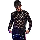 WDIRARA Men's Fishnet Knit Pullover Top Hollow Out Round Neck Long Sleeve Concert Tops