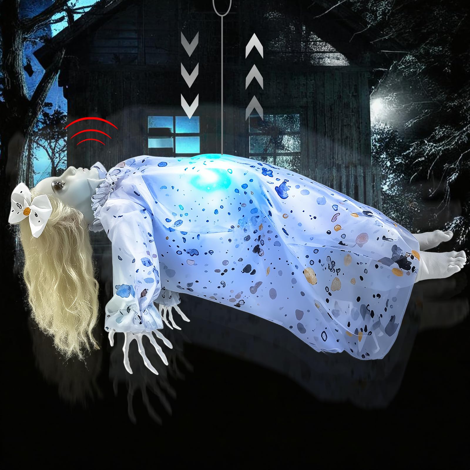 Photo 1 of [Up and Down Automatically & Sound Activated ] 30" Halloween Animatronics Floating Corpse Decorations, Blue Lights & Creepy Sound Scary Halloween Props Decor Outdoor Yard Patio Haunted House