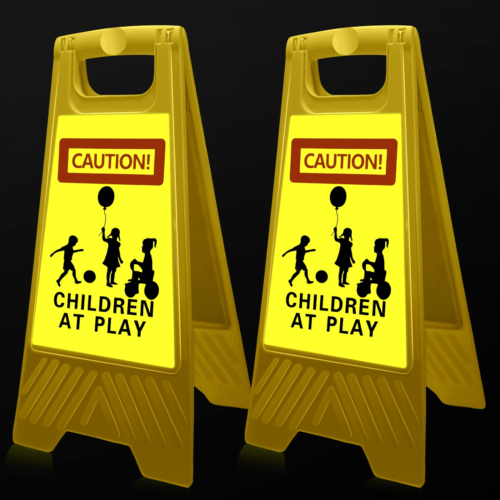Photo 1 of 2 Pieces Reflective Kids Playing Sign for Street Slow Down Kids at Play Sign Double Sided 24 Inch Portable Handle Children at Play Warning Board Safety Signs Neighborhood School Park Sidewalk (Yellow)