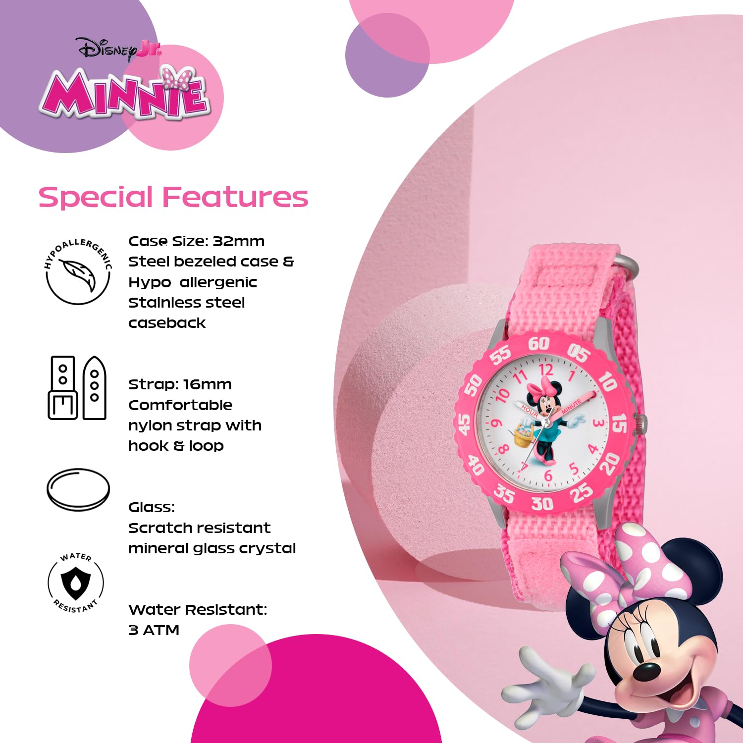 Disney Minnie Mouse Watch for Kids – Cute Minnie Watch for Girls & Toddlers, Pink Bezel, Purple Nylon Strap, Fun Mouse Watches Kids 3-5, Gift for Little Fans