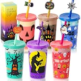 OOINQQ Halloween Color Changing Cups with Lid and Straw for Kids | 6pcs, 12oz, in 6 colors, plastic tumbler for coffee, tea, cold drinks Halloween party favors supplies