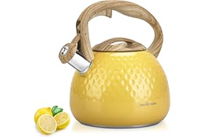 HAUCE RADIO Tea Kettle, Stovetop Teapot, 2.5 Quart, Loud Whistle, Food Grade Stainless Steel and Smooth Wood Pattern Handle, Sophisticated Look for Hiking, Picnic, for Tea, Coffee, (Yellow)