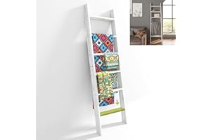 AKTOP Adjustable Blanket Ladder 63 Inch, Rustic Wood Blankets Holder Rack for Farmhouse Home Decor, 5-Tier Wall Leaning Ladders, Ladder Shelf Stand for Living Room, Bedroom, Bathroom, Easy Assembly