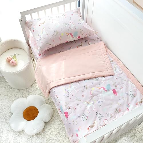 SWESEN 3 Pieces Toddler Bedding Set, Breathable Muslin Crib Comforter Set for Boys Girls, Standard Size Toddler Nursery Bed Set Includes Comforter, Fitted Crib Sheet, and Pillowcase, Unicorn