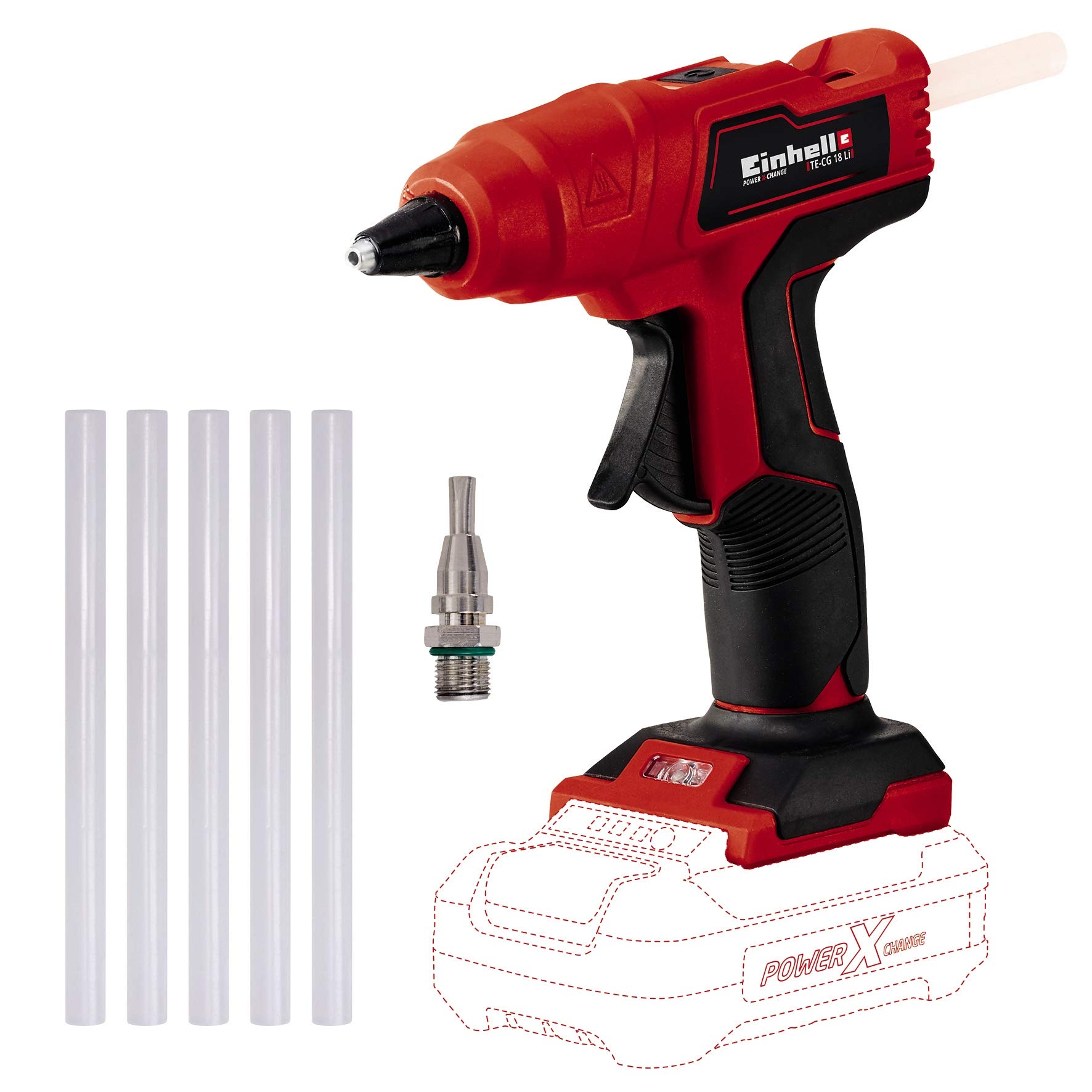 Einhell Cordless Glue Gun 18V Power X-Charge, Rechargeable Hot Glue Gun for Crafting, DIY, Woodwork, Upholstery, Glue Gun with 5 x 11mm Glue Sticks, Without Battery TE-CG 18 Li Solo