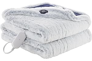 BERKSHIRE BLANKET Berkshire Reversible Heated Throw - Jacquard Faux Fur & Silky Plush Electric Blanket with 4 Heat Settings & 4H Auto Shut-Off, Machine Washable (50" x 60", Select Comfort Blue)