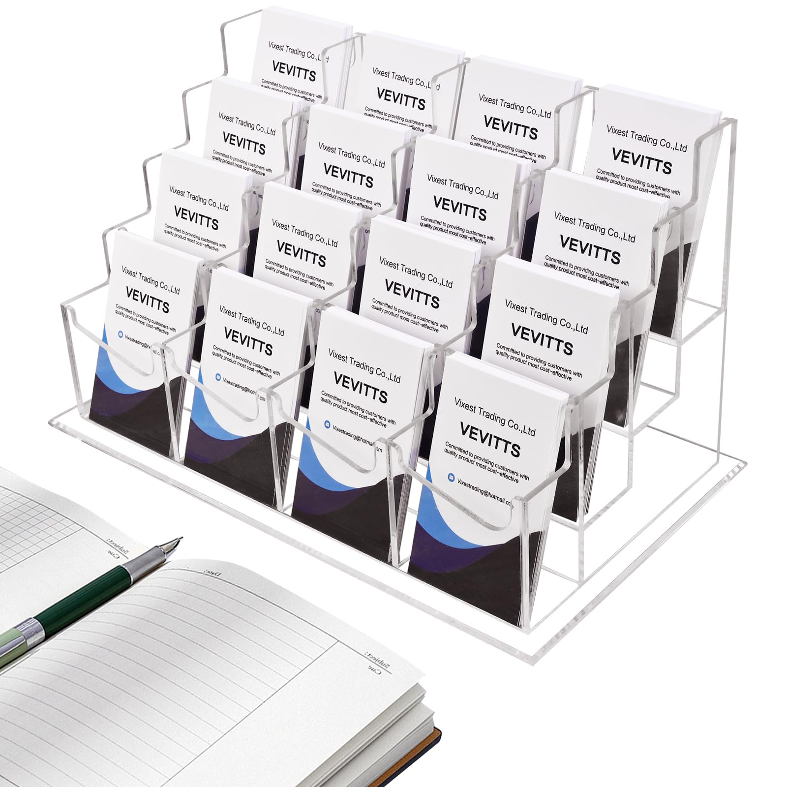 Photo 1 of Clear Vertical Business Card Holder for Desk, Office Acrylic Business Card Display Holder Desktop Organizer Storage Cards Holders, Clear 4 Tiers 16 Pockets