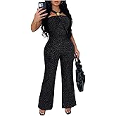 SweatyRocks Women's Sparkly Halter Jumpsuits Sleeveless Straight Leg Jumpsuit Elegant One Piece Outfits
