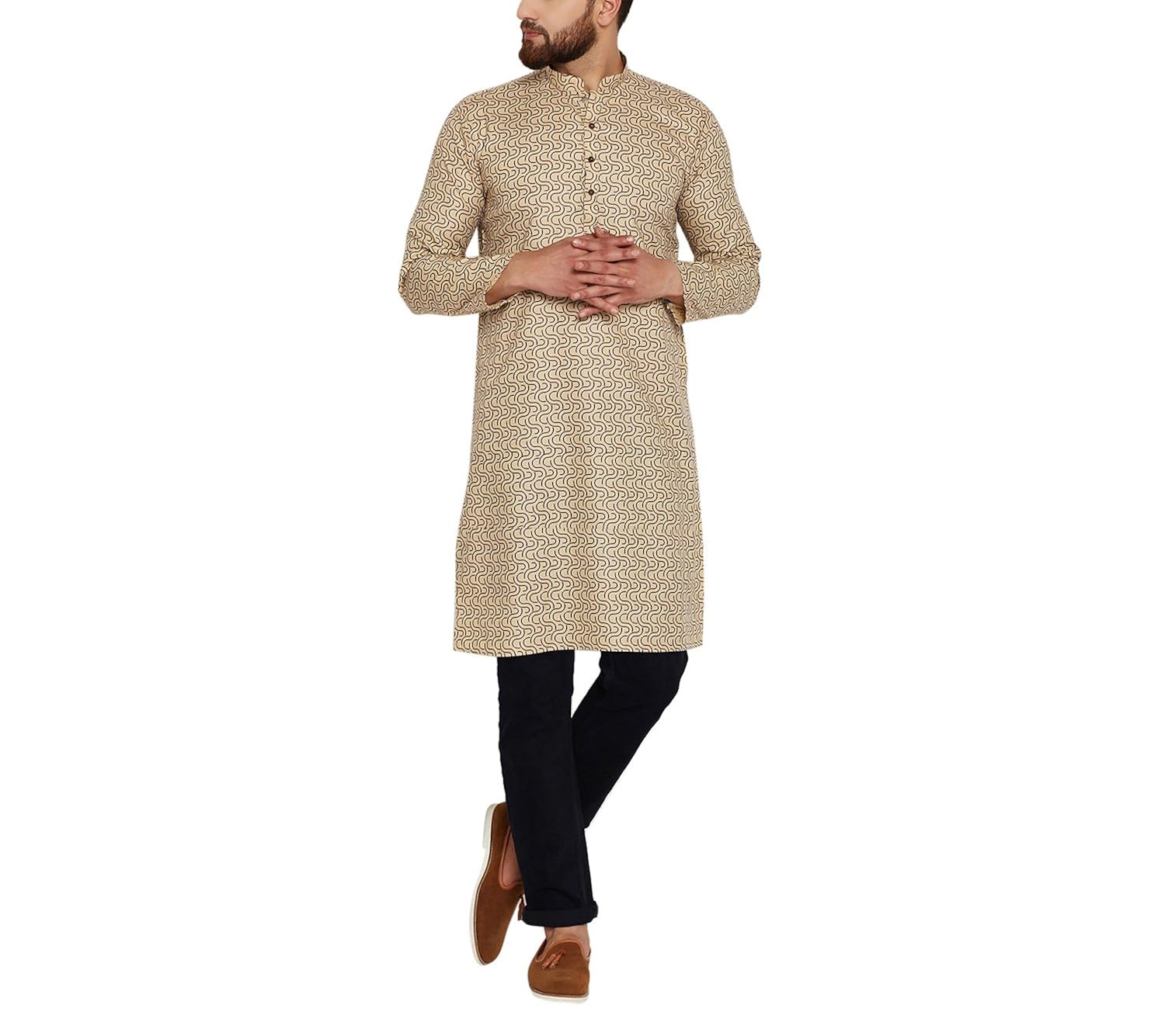 sojanya (since 1958) men's beige cotton linen printed only long kurta