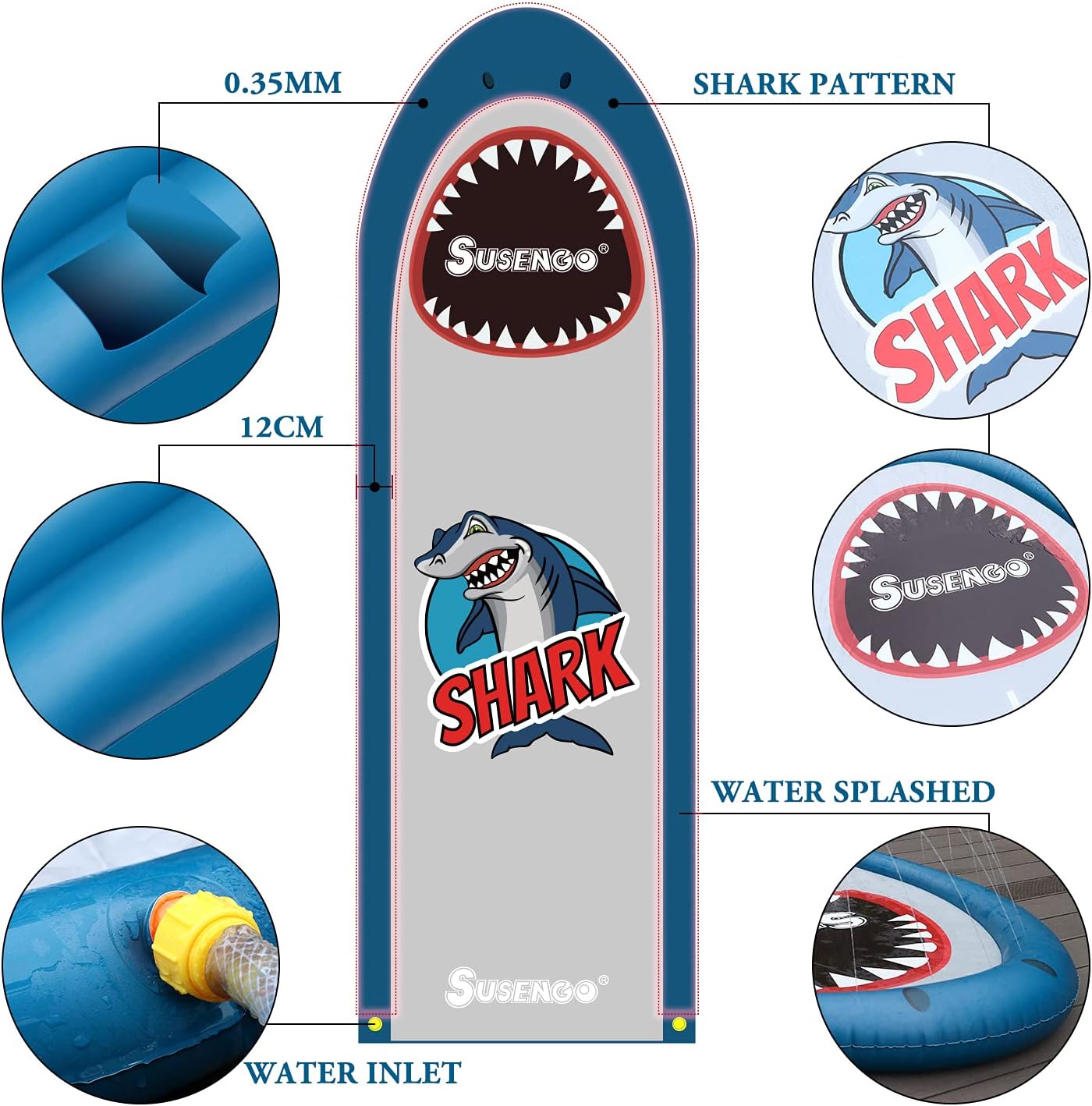 SuSenGo Slip and Slide for Kids - Lawn Water Slides Inflatable Shark Crash Pad and Around Spray Channel for Races Outdoors(15.7ft): Toys & Games