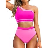 Tempt Me Women One Shoulder High Waisted Bikini Color Block Two Piece Swimsuits Cutout 2 Piece Bathing Suit