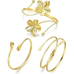 Gevidoxl 3Pcs Arm Jewelry Upper Arm Bracelet Gold Silver Arm Cuff for Women | Flower Coil Adjustable Arm Bangle Band Armlet M