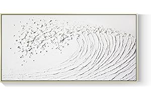 GEEKMACRO White Hand Painted Oil Painting Wall Art - Large Framed Ocean Waves 3D Textured Home Decor 48x24 Horizontal Canvas Minimalist Artwork Decoration for Living Room Bedroom