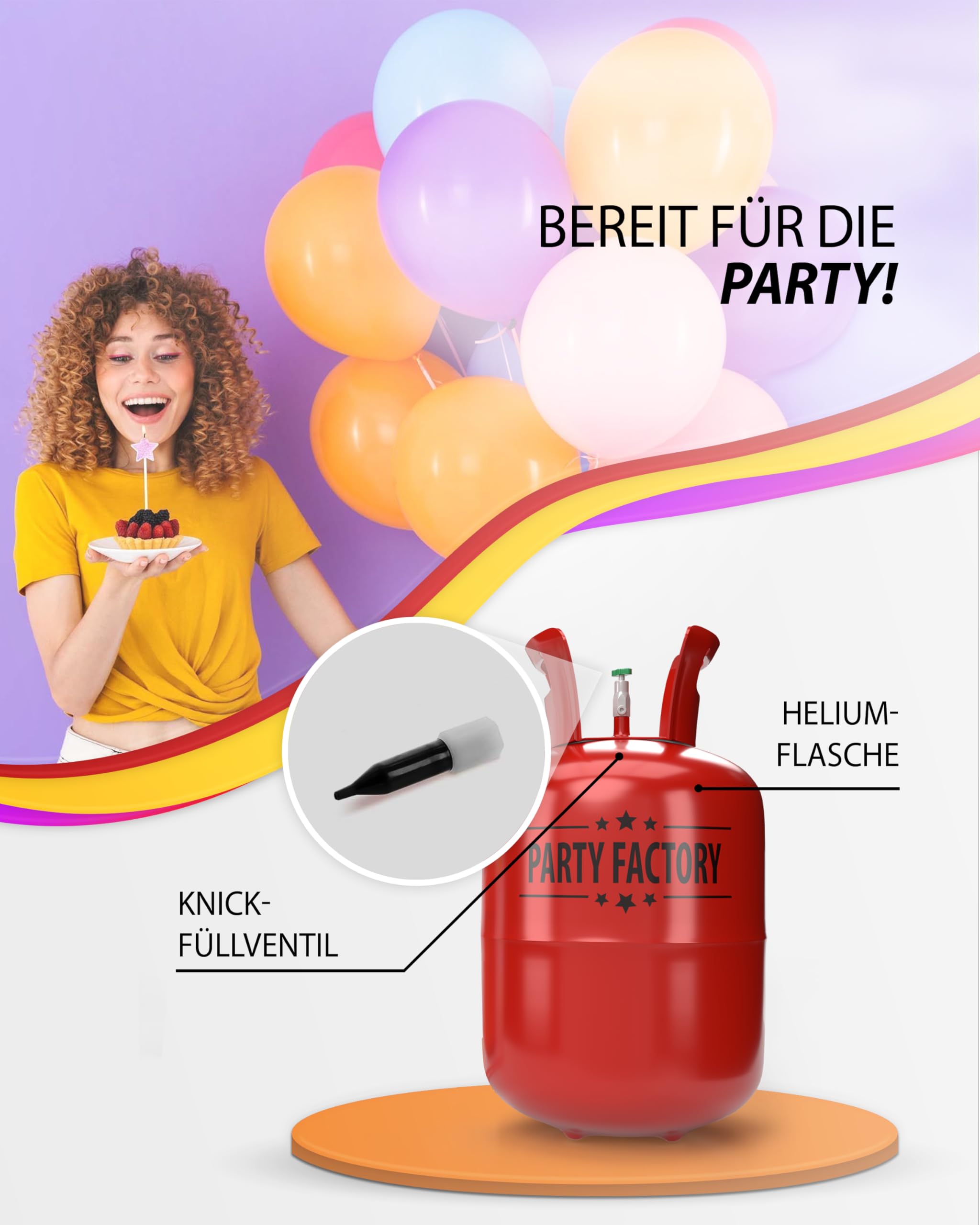 Party Factory – Helium Gasflasche 1x 200L für ca. 30 Luftballons – Partydeko Ballongas Flasche für Latex- & Folienballons – Einwegflaschen mit Knick-Füllventil – Für Partys, Hochzeiten und Geburtstage 3