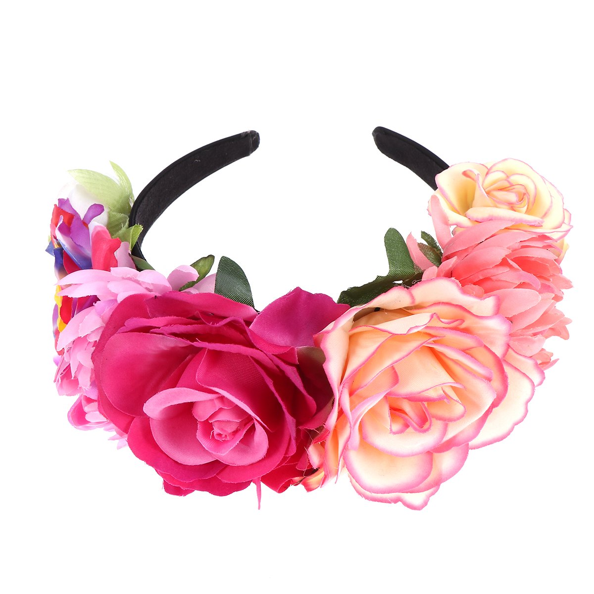 BESTOYARD Bohemia Floral Headband Pink Rose Flower Crown Mexican Headpiece for Beach Party Vacation Photography
