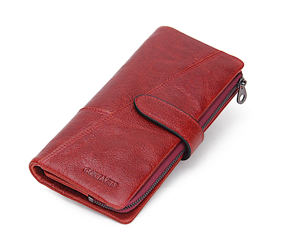 CONTACTS Real Leather Womens Long Wallet Secretary Zipper Checkbook Phone Holder Pocket Purse Trifold Large Capacity Clutch(Red)