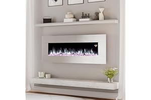 LUXOAK 50" Wall Mount Electric Fireplace, Stainless Steel Wall Hanging Fireplace with Remote, 6 Color 5 Brightness Log & Crystal Flame, Top Vent, Electric Heater for Living Room or Bedroom, Allsteel