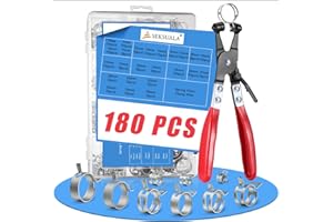 180Pcs 5/16" to 1-1/2"(7-38mm) All Size Spring Band Hose Clamps Assortment Kit with Swivel Flat Hose Clamp Plier, SEKSUALA Constant Tension Steel Clamps for Fuel Lines, Silicone,Vacuum Hoses (Grey?