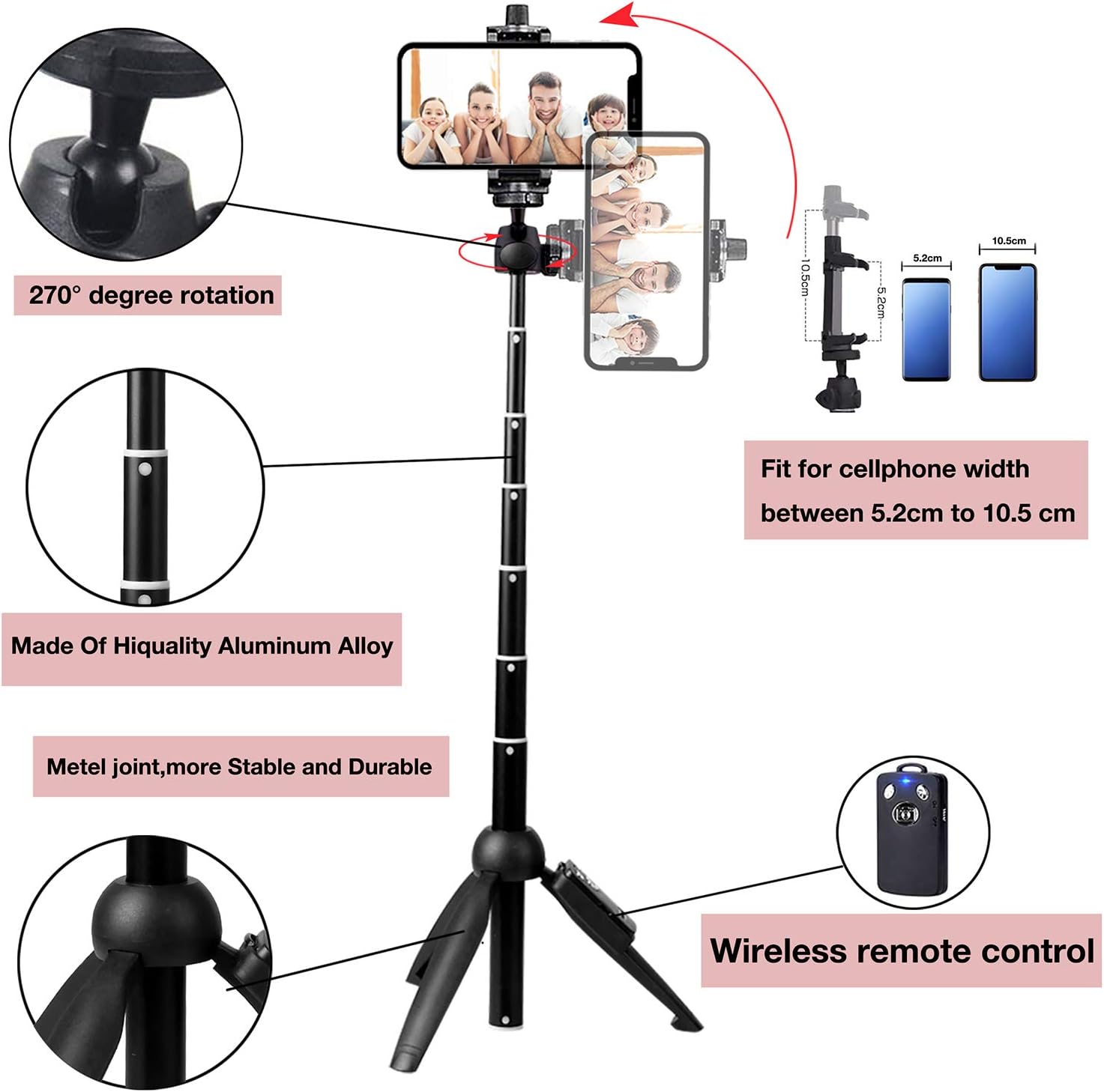 Bluehorn All in one Portable 40 Inch Aluminum Alloy Selfie Stick Phone Tripod with Wireless Remote Shutter for iPhone 12 11 pro Xs Max Xr X 8 7 6 Plus, Android Samsung Smartphone Vlogging Live Stream: Camera & Photo