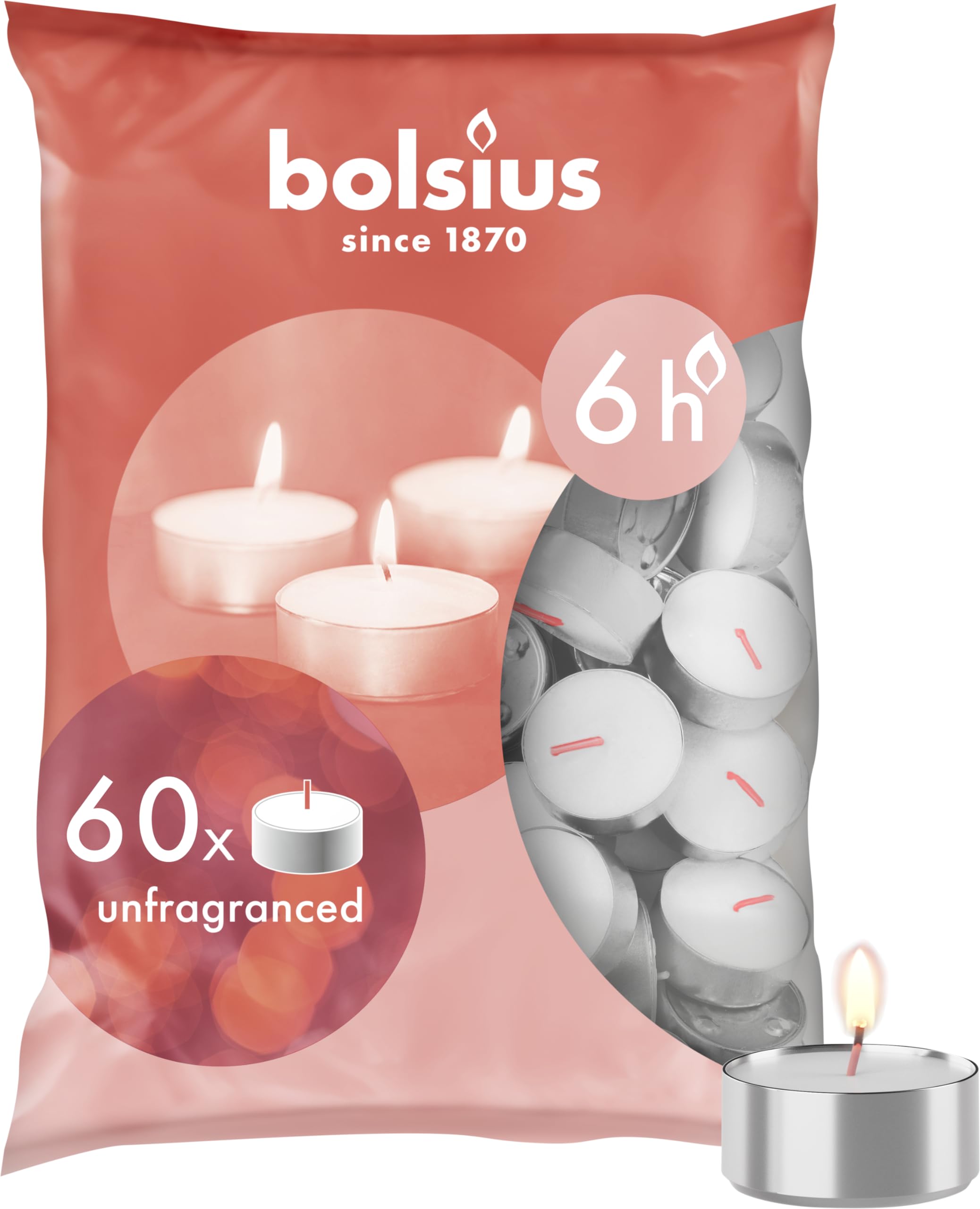 Bolsius Tealight Candles - White - Pack of 60 - Long Burning Time of 6 Hours - Household Candle - Interior Decoration - Unscented - No Drip - Smokeless - Includes Natural Vegan Wax - No Palm Oil — image 1